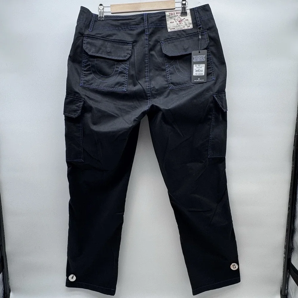 True Religion Men Cargo Pants Jet Black/Pacific Blue Size 34
